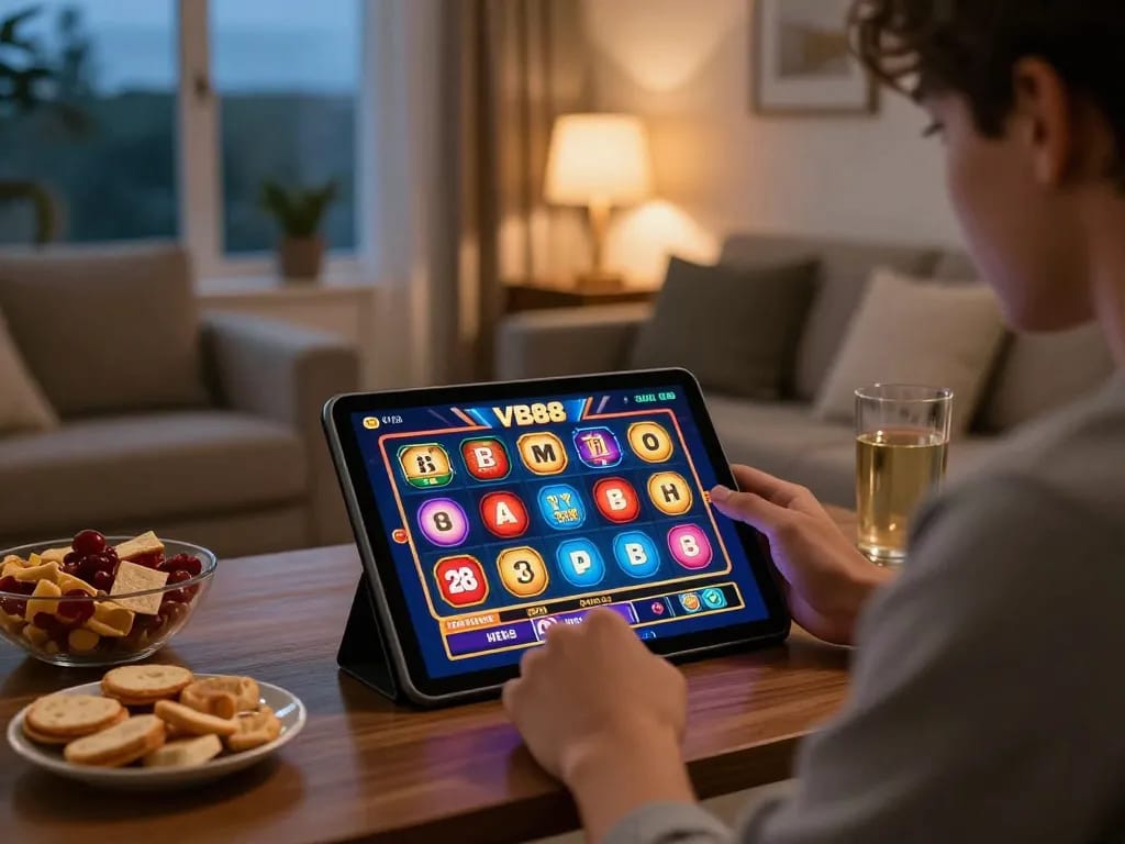 Player enjoying VB88 online gaming session on tablet in cozy home environment.