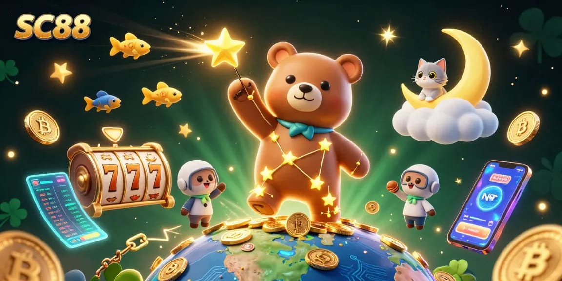 Engage with SC88's exciting casino universe, where golden bears and vibrant coins bring luck.