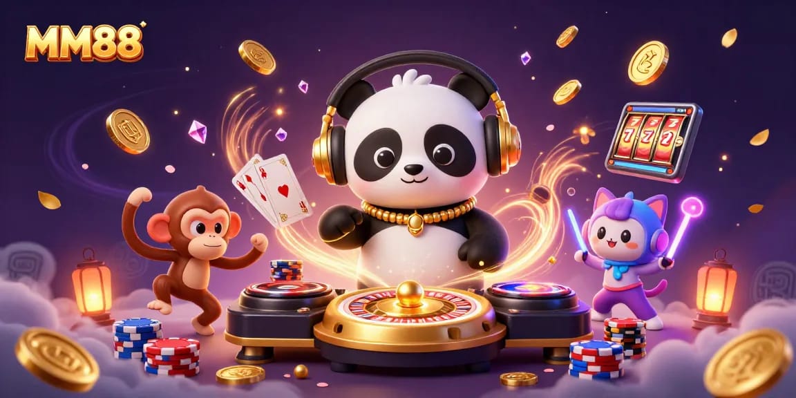 Join the vibrant MM88 gaming scene with a DJ panda, breakdancing monkey, and glow-stick kitten!