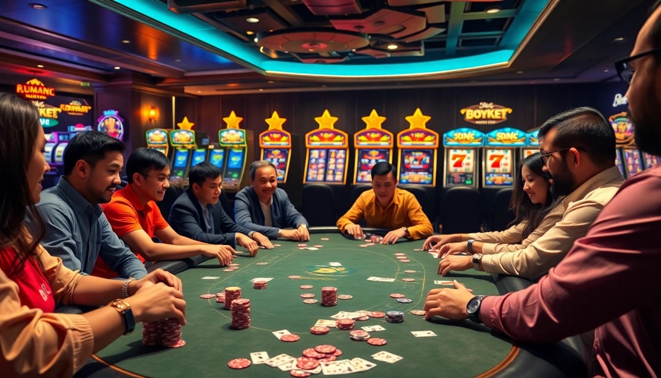 Players engage in an exciting game of poker at 88bet's luxurious casino table, with vibrant slot machines in view.