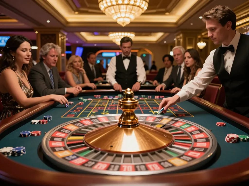 Players at the x88 casino eagerly watching the roulette wheel spin, highlighting excitement in gaming.