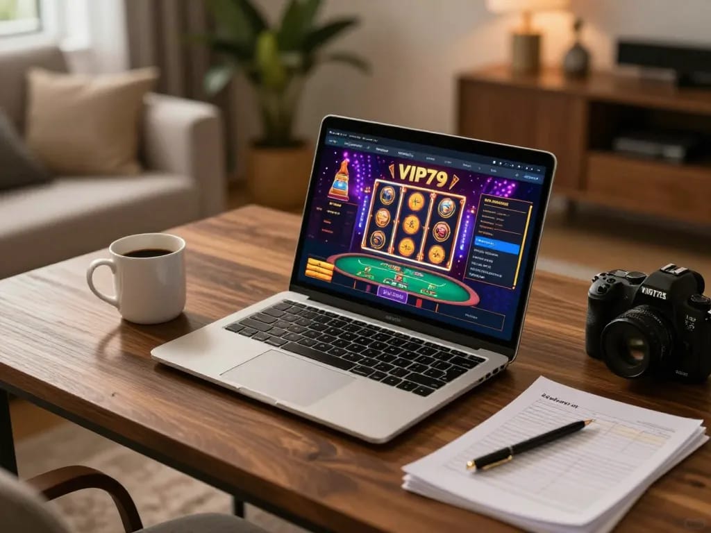 Engaging gaming experience on VIP79 platform with laptop and strategy notes in view