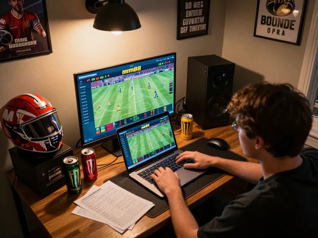 Engaged player using mm88 betting interface during a live sports betting session surrounded by exciting gaming elements
