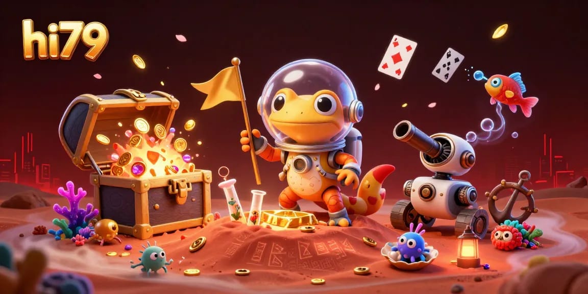 Experience the thrill of hi79 with a Martian gecko discovering a golden casino in a vibrant 3D illustration.