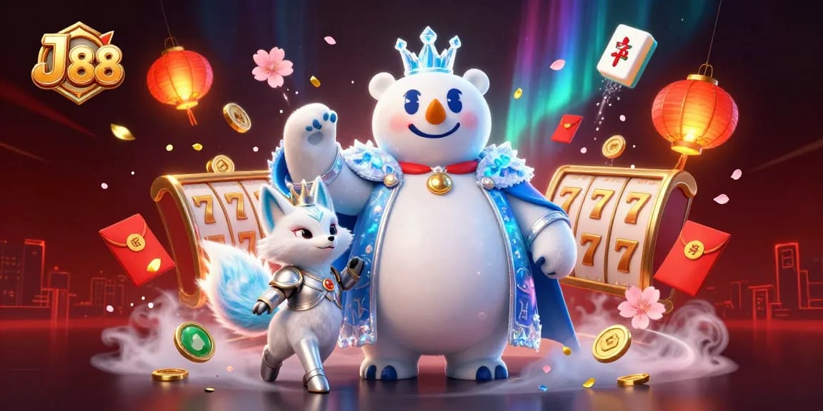 Engaging 3D illustration of J 88 featuring casino elements, showcasing a polar bear and fox amid vibrant energy.