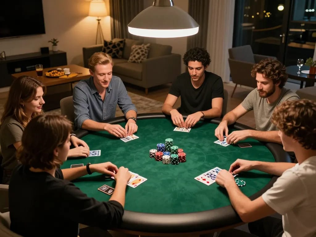Friends enjoying a poker night at home with 79KING strategy, analyzing hands amidst snacks and drinks.
