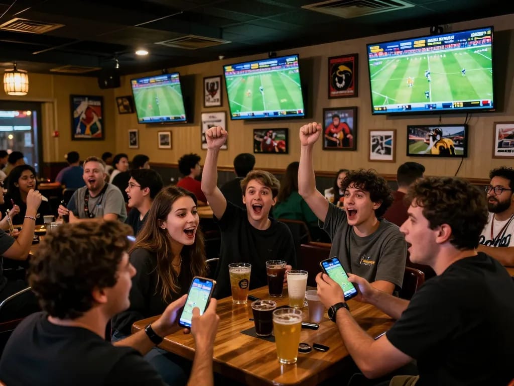 Cheering fans engaging in sports betting while watching ผลบอลวันนี้ at a lively sports bar.