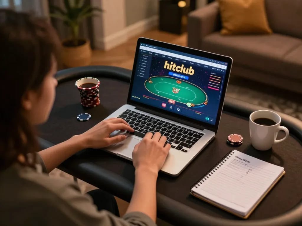 Engaging online poker gameplay on hitclub platform, showcasing strategic betting and a cozy environment.