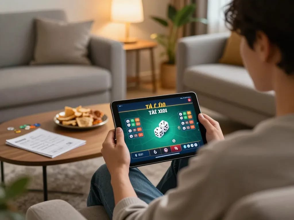 Tài xỉu online gameplay on tablet, showcasing strategy notes in a cozy home setting.