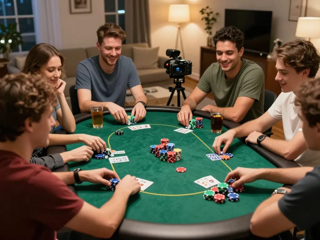 Engaged players enjoying poker night at home, showcasing social gaming experience with b52.