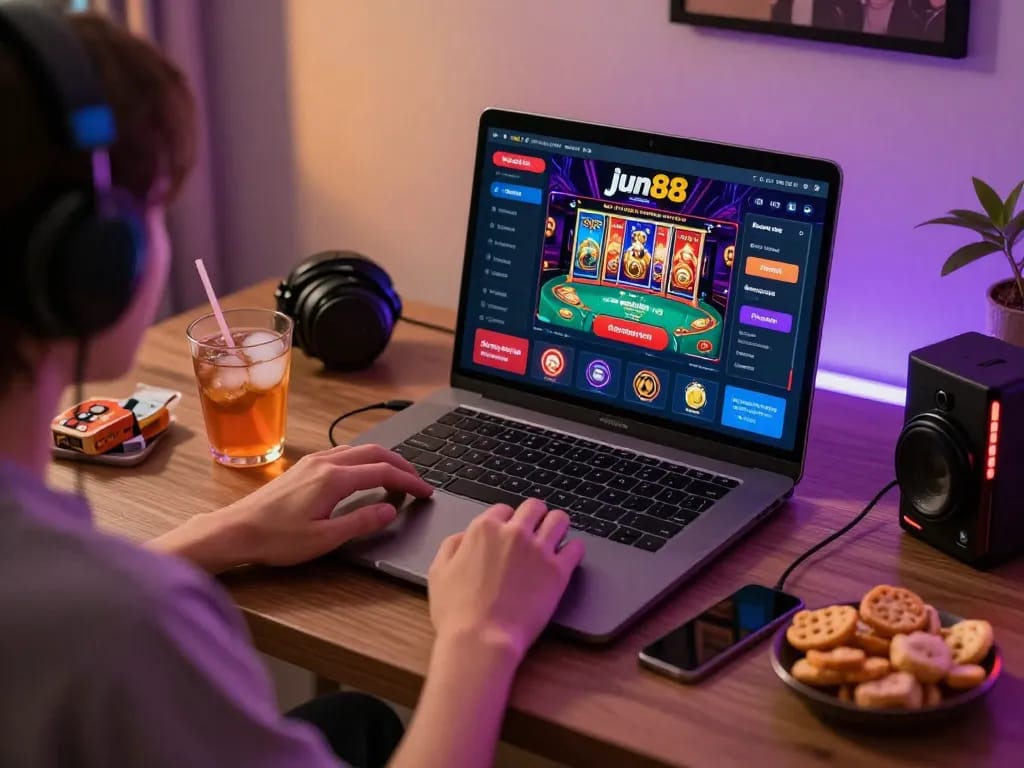 Engaging with the jun88 casino app on a sleek laptop in a cozy home office environment