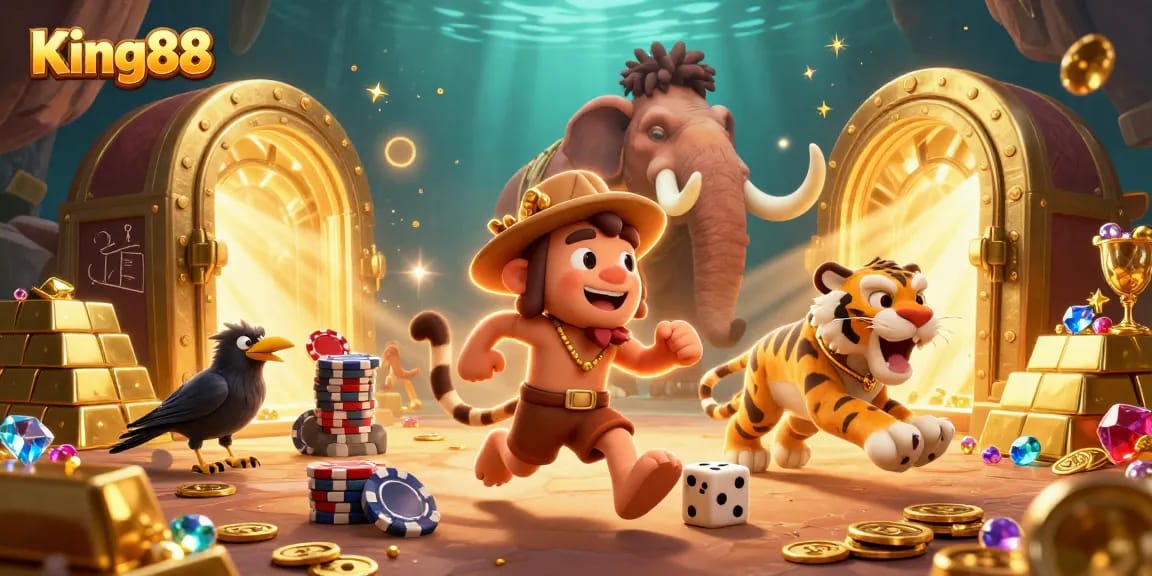 Experience King88's thrilling atmosphere with cartoon cavemen and treasures in a prehistoric casino.