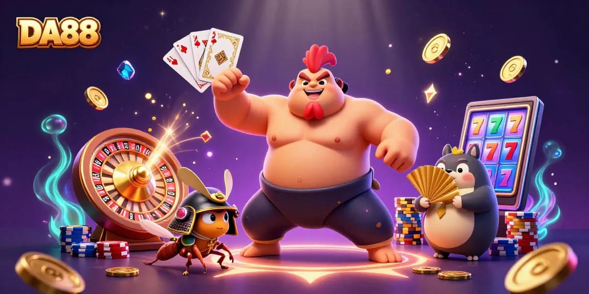 Experience exciting plays and unique games at DA88, showcasing a dynamic casino scene with vibrant characters.