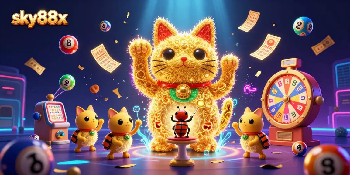 Sky88x reveals captivating casino excitement with golden fireflies, lucky cat, and lottery elements.