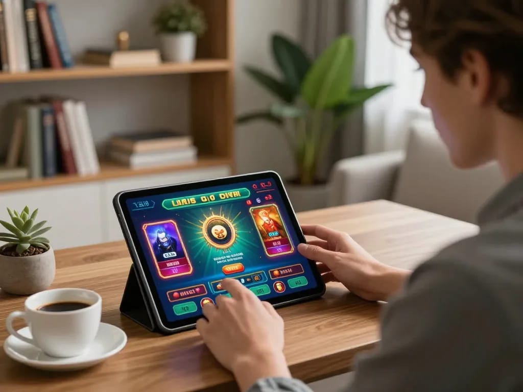 Engaged player using tablet for online gambling at uu88 in a cozy home setup.
