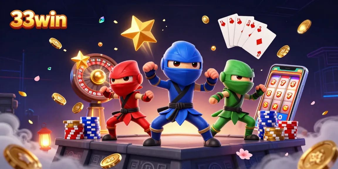 Experience winning thrills with 33win as energetic chameleons engage in martial arts amidst a vibrant casino scene.