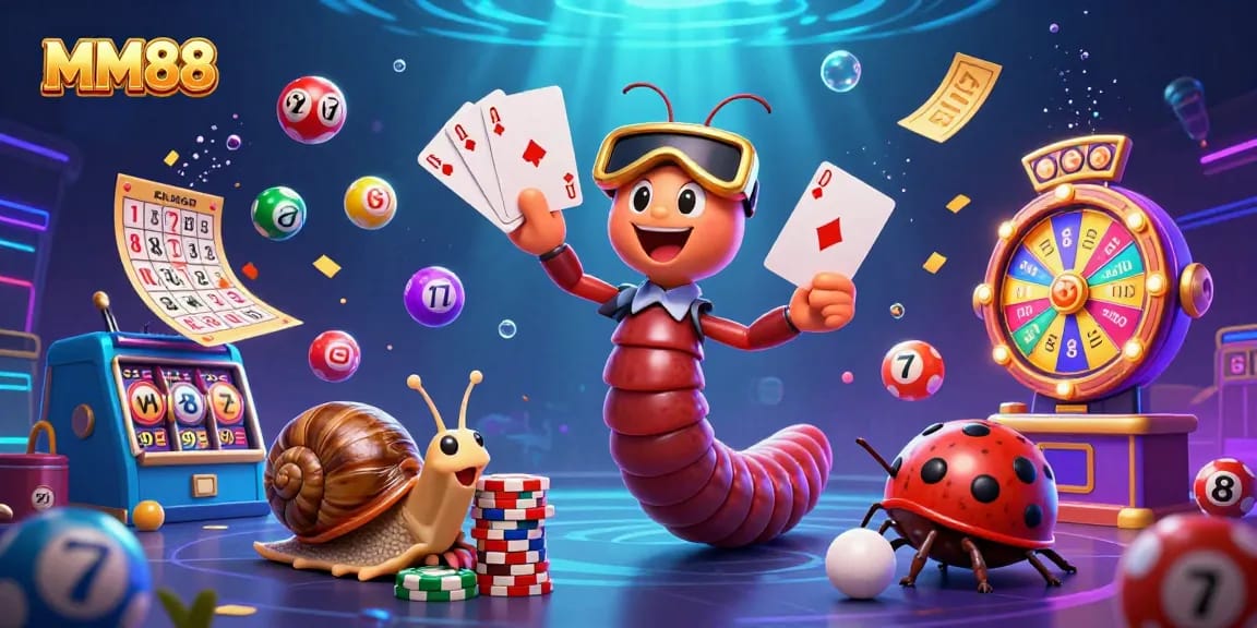 Engage with MM88's vibrant gaming scene featuring a lively millipede dealer, high-rollers, and exciting slot elements.