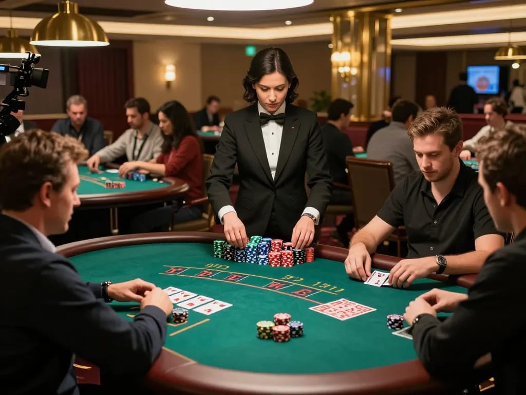 Players enjoy intense blackjack action at ALO8 casino table under warm ambient lighting
