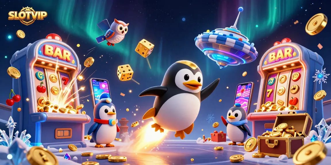 SLOTVIP offers thrilling casino adventures with an exciting penguin hero and dynamic slot imagery.