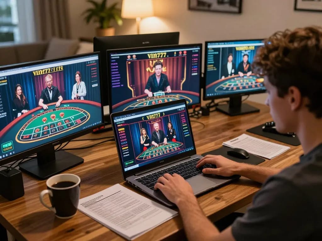 A player engaging with vin777's online casino interface at home, showcasing a live dealer game.