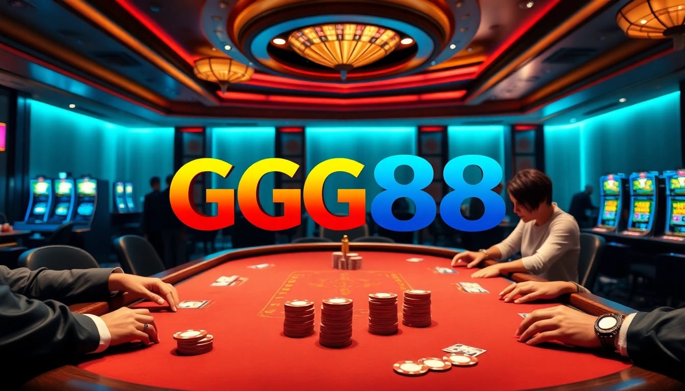 Exciting casino scene with GG88 logo, poker chips, and players at a vibrant table.