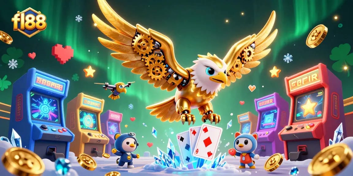 Join the fl88 adventure in a captivating 3D casino splash as golden eagles soar amidst arcade games.