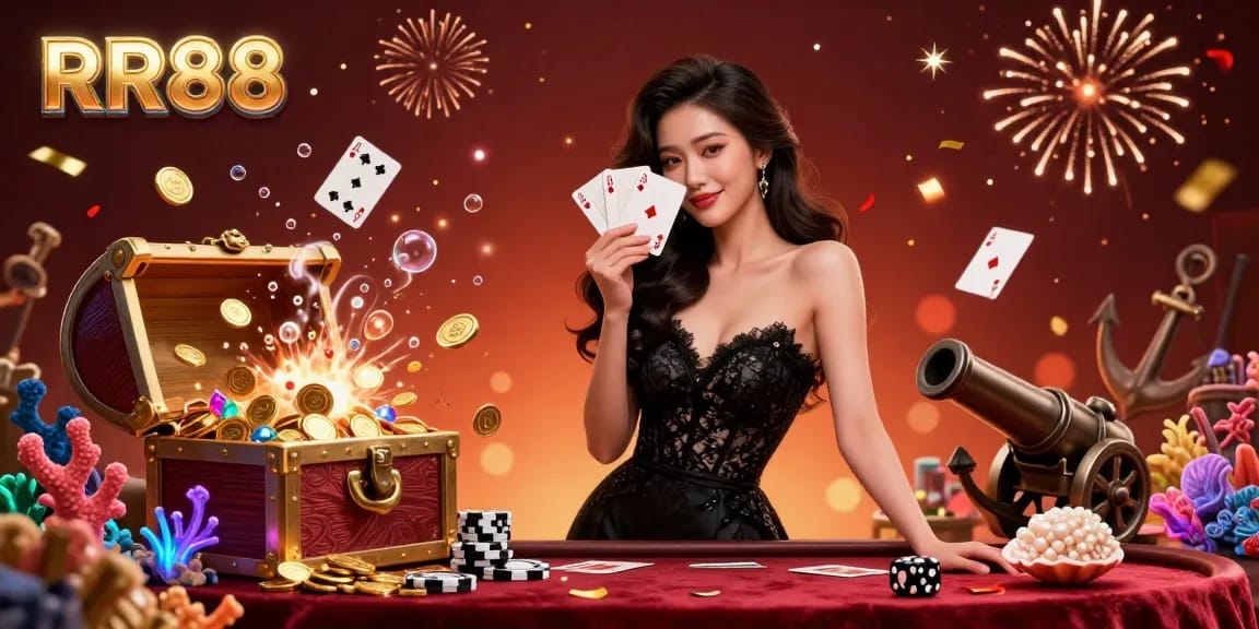 Experience the excitement of RR88 casino with a glamorous Asian dealer holding aces amidst vibrant gaming elements.