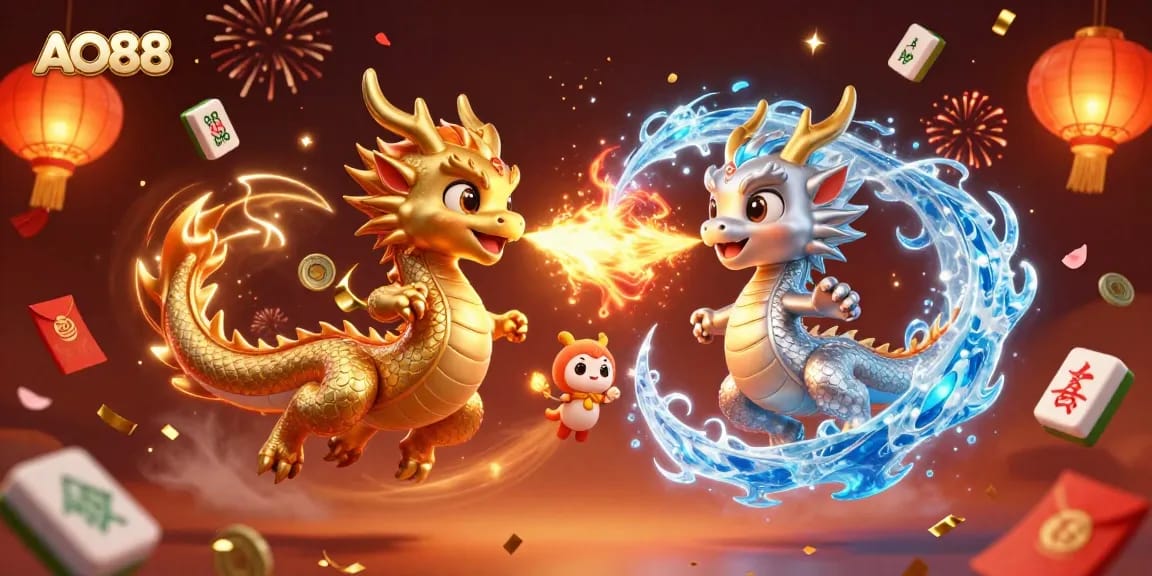 Experience the thrill of AO88 with dynamic dragons and festive elements in a vibrant casino scene.