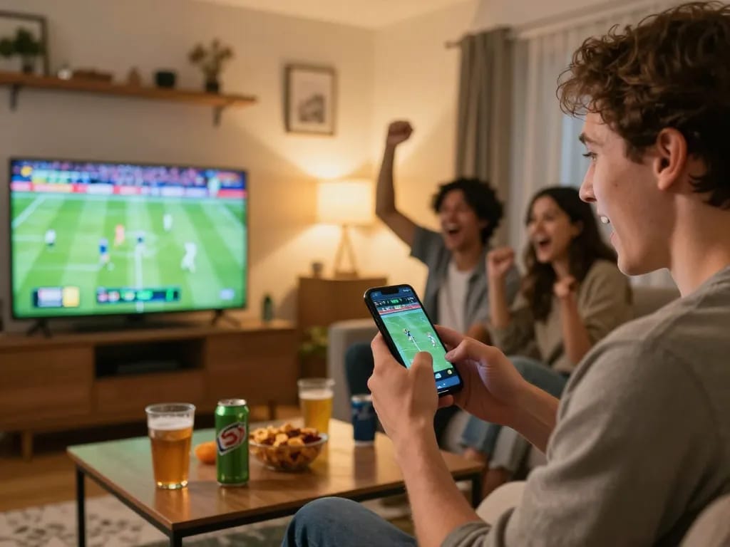 Person placing bets on 86bet app while enjoying a sports game in a lively home setting.