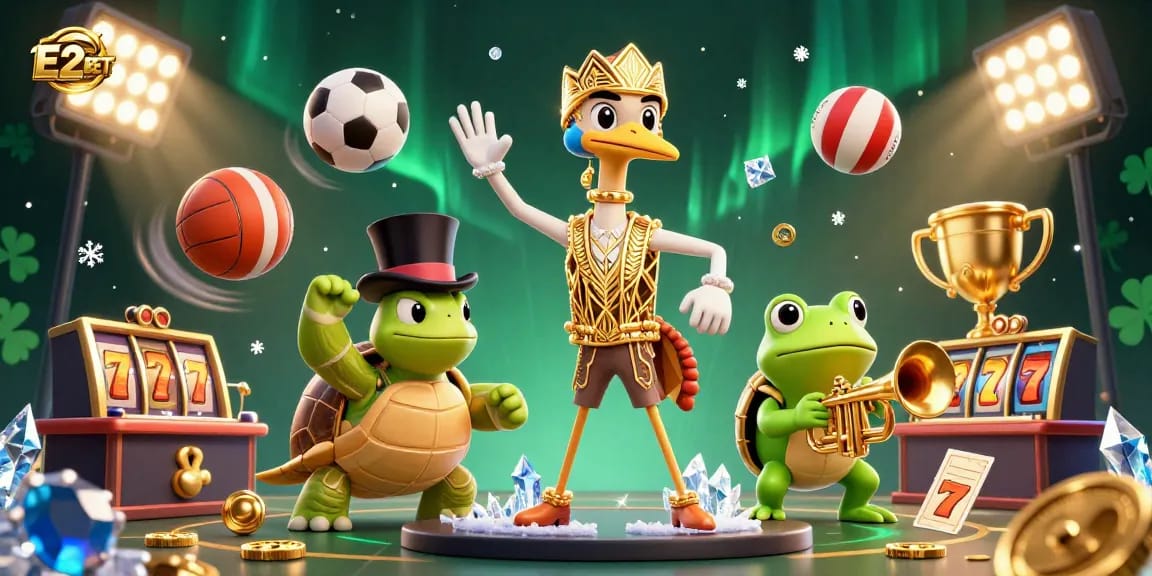 E2BET showcases an exciting 3D casino scene filled with vibrant characters and gaming elements for bettors.