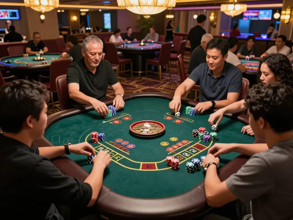Xóc đĩa gameplay in a bustling casino showing dynamic betting and player excitement.