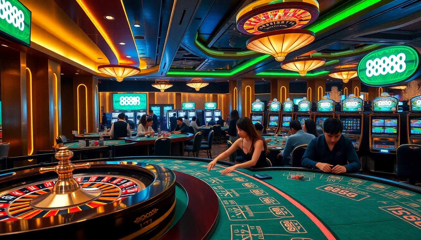 Experience the excitement of 888P COM with players engaging at vibrant poker tables in a modern casino.
