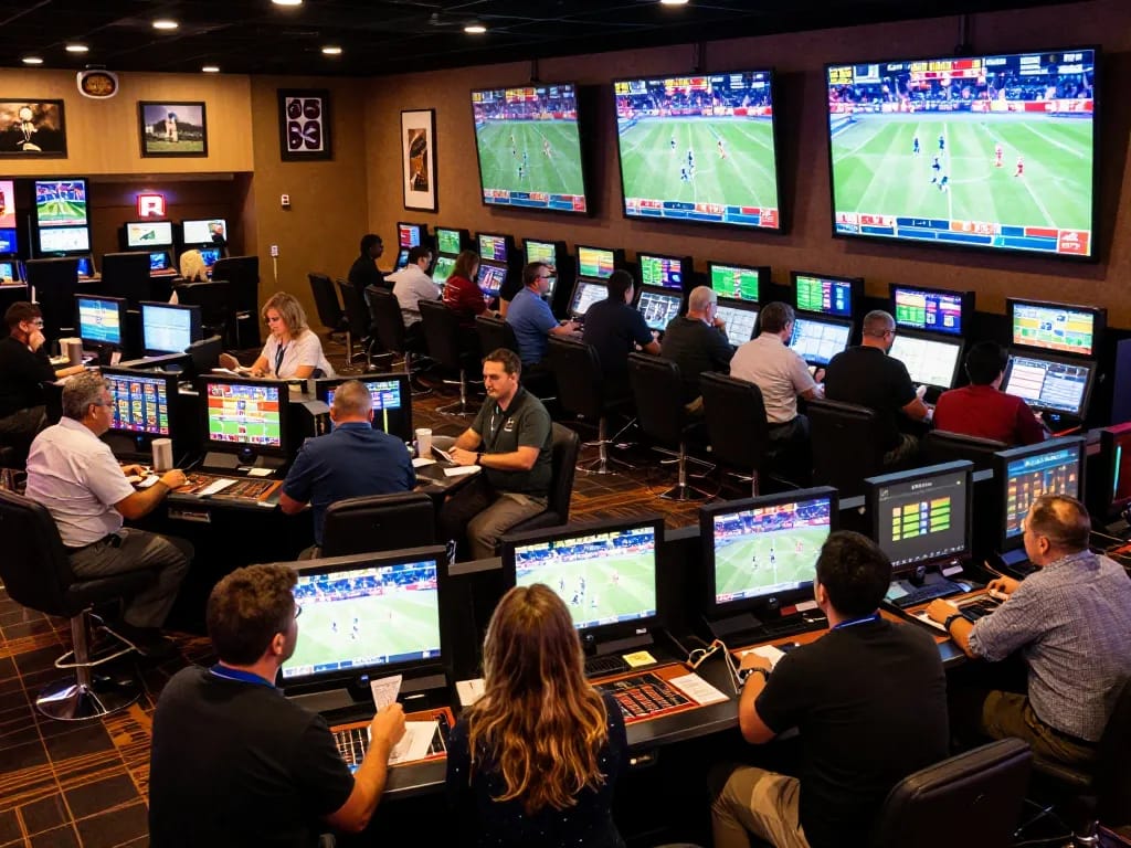 Place bets on kèo nhà cái while engaging with enthusiastic sports fans in a modern casino sportsbook area.
