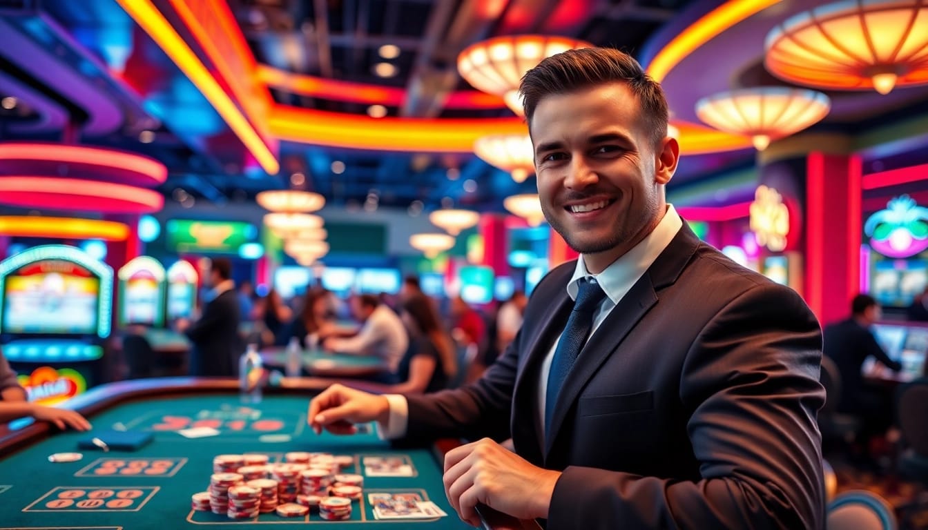 Engaging scene of RR88 casino dealer amidst vibrant gameplay environment.
