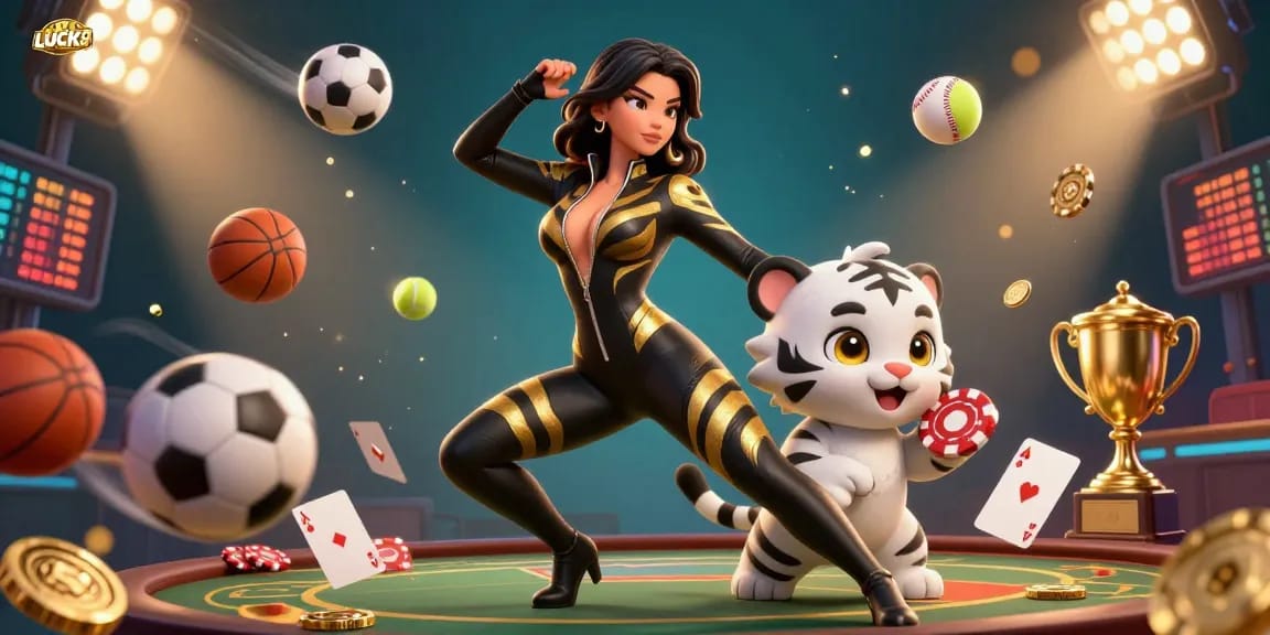 Engage in winning strategies with LUCK8 in this vibrant 3D casino digital illustration featuring dynamic sports elements.