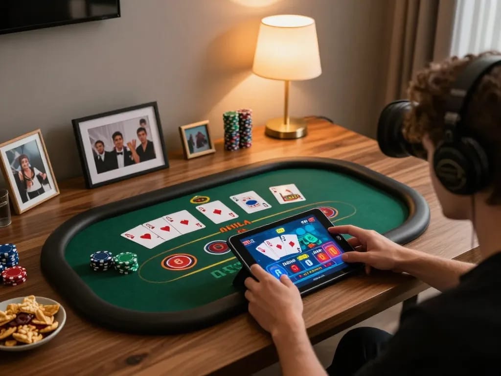 Person engaging with luck8l online casino app on a tablet, cozy home setup.