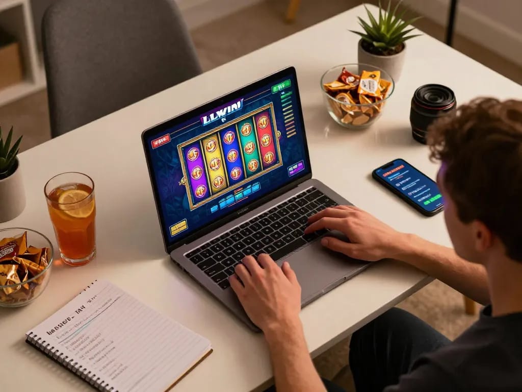 Engaging LLWIN online slot gameplay on a laptop in a stylish home office with cozy atmosphere.