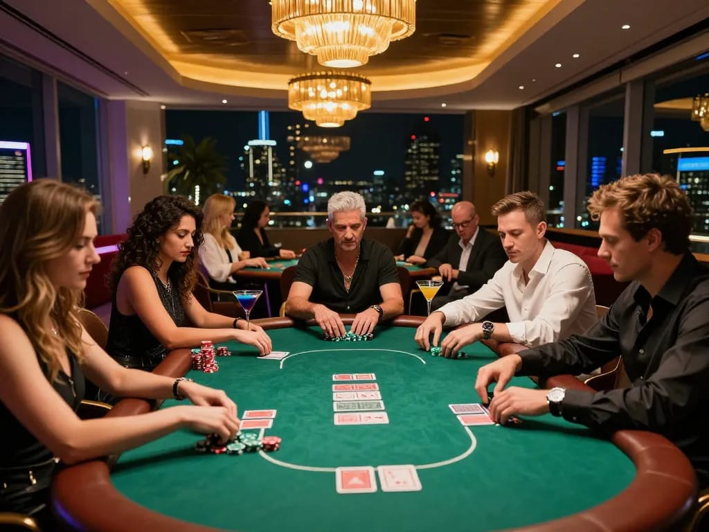 Players engaging in an intense poker game at a glamorous casino rooftop bar showcasing 28bet8 atmosphere.