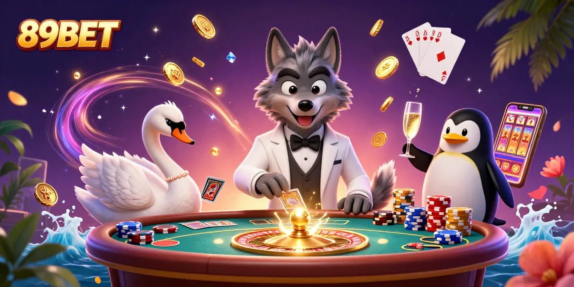 Bet big and win with 89BET in an exciting casino scene featuring vibrant characters and games.