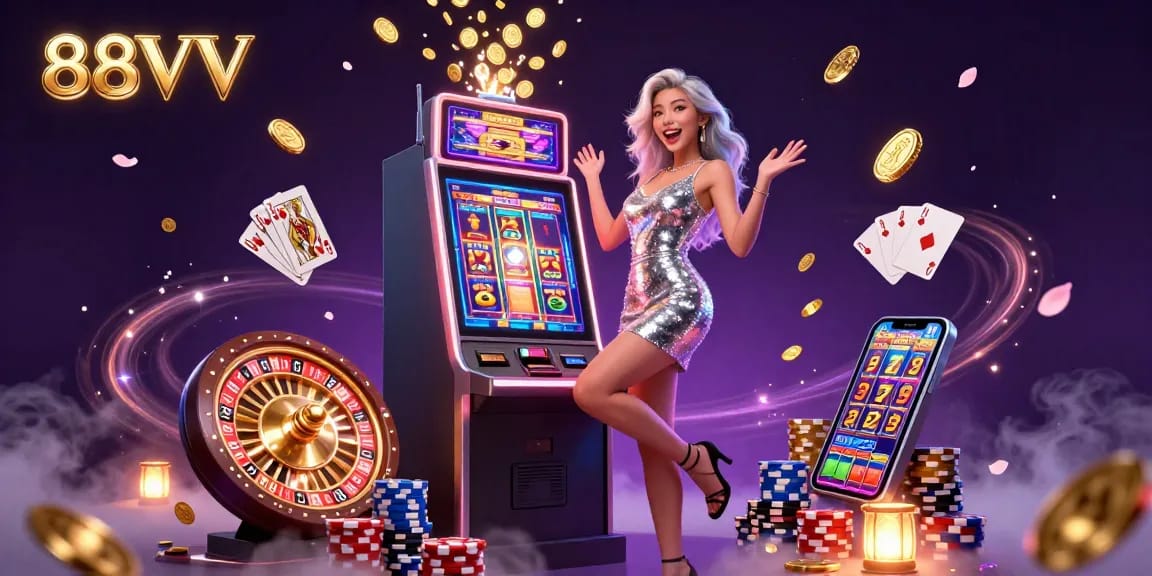 Engage with 88VV's exciting games featuring stunning visuals and jackpot actions in a vivid casino environment.