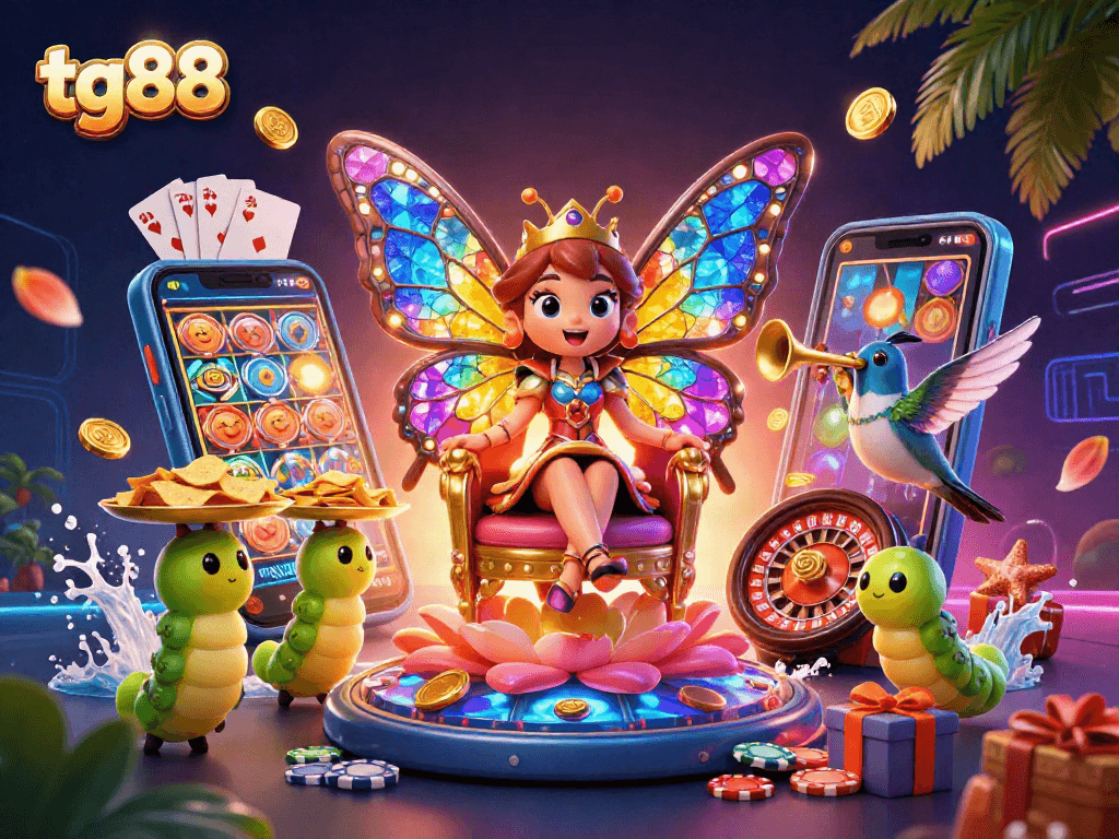 Tg88 showcases a vibrant casino scene with a butterfly queen and engaging gambling elements.