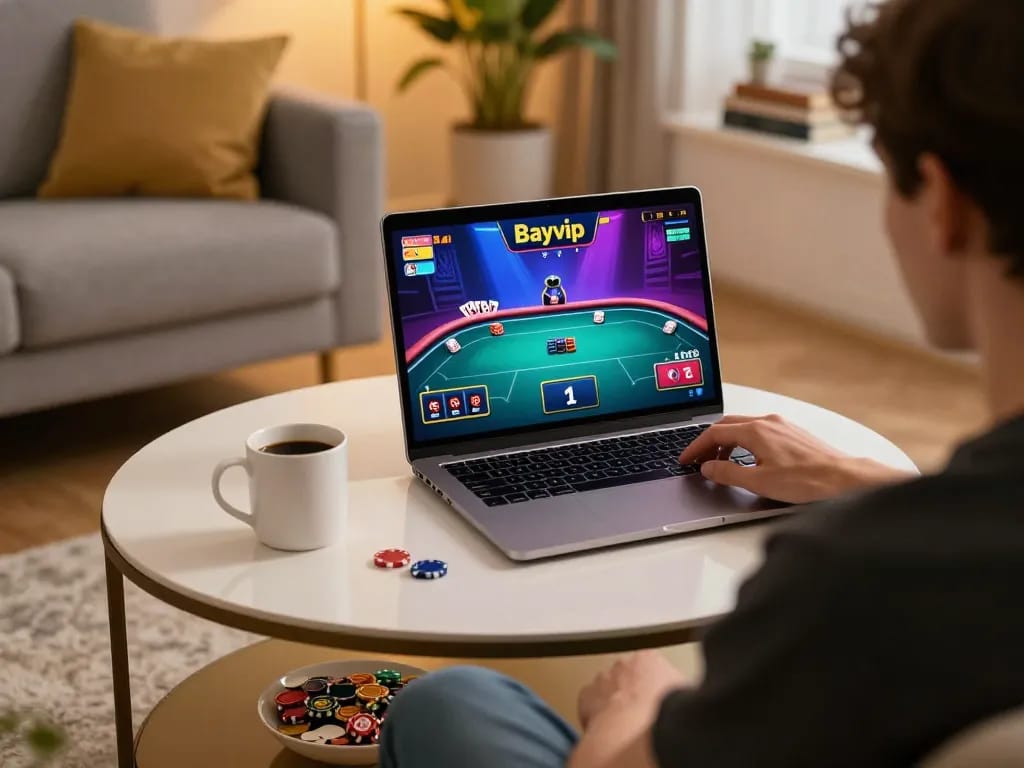 Bayvip player engaging in online poker from a cozy home gaming setup