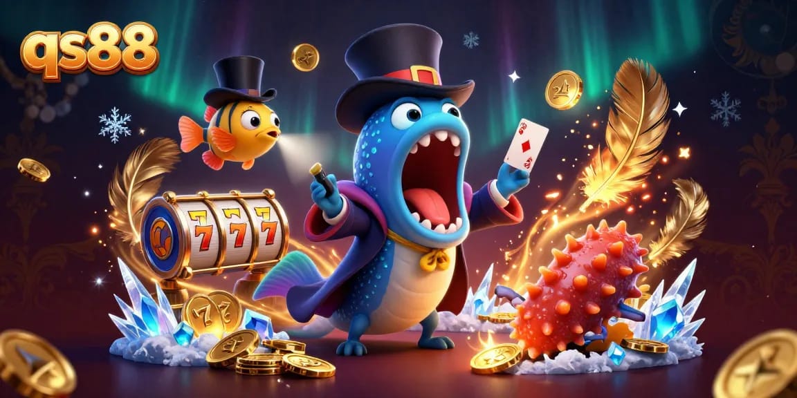 qs88 spins luck with a magical deep-sea casino scene featuring glowing characters and vibrant details