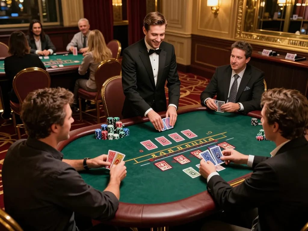 Fly88 players strategizing in a high-stakes blackjack game at a luxurious casino.
