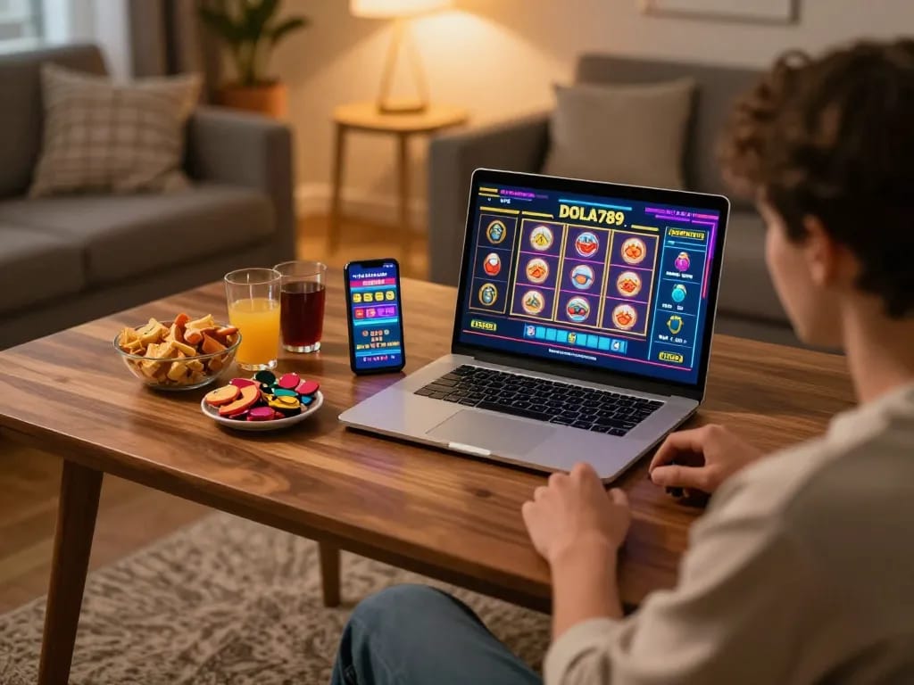DOLA789 online gaming experience featuring a player enjoying colorful slot games on a laptop, surrounded by cozy home atmosphere.