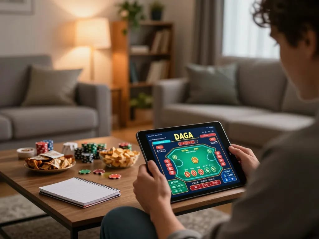 Dive into dagago online casino gaming with a cozy home setup featuring vibrant poker action on a tablet