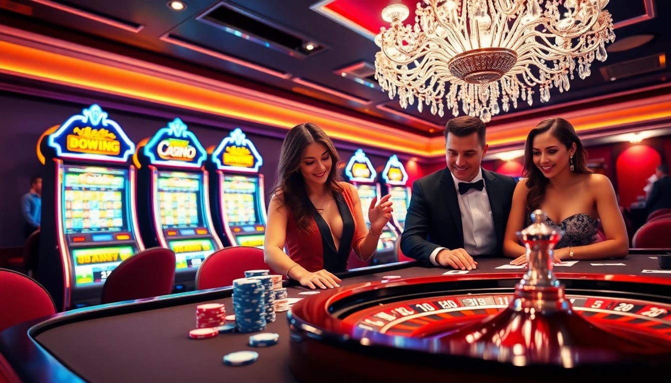 Excited players engaged in a thrilling game at 58win casino gaming table with poker chips and roulette.