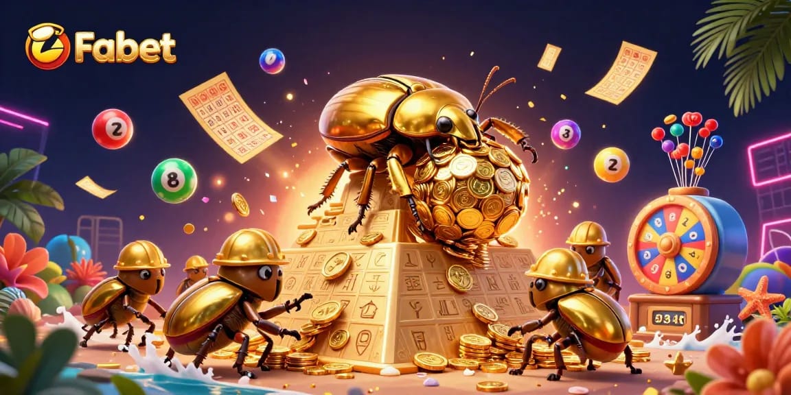Engage with Fabet's thrilling lottery scene featuring colorful bouncing balls and golden prizes.