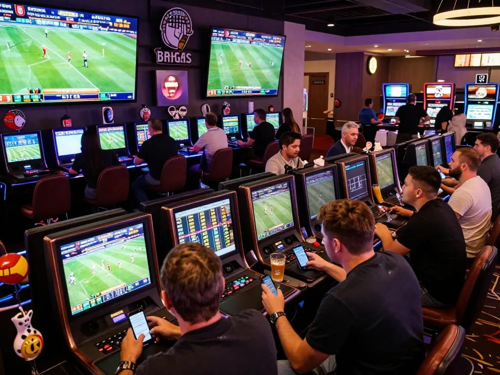 Bongdalu sports betting atmosphere with bettors engaged in live football match odds.