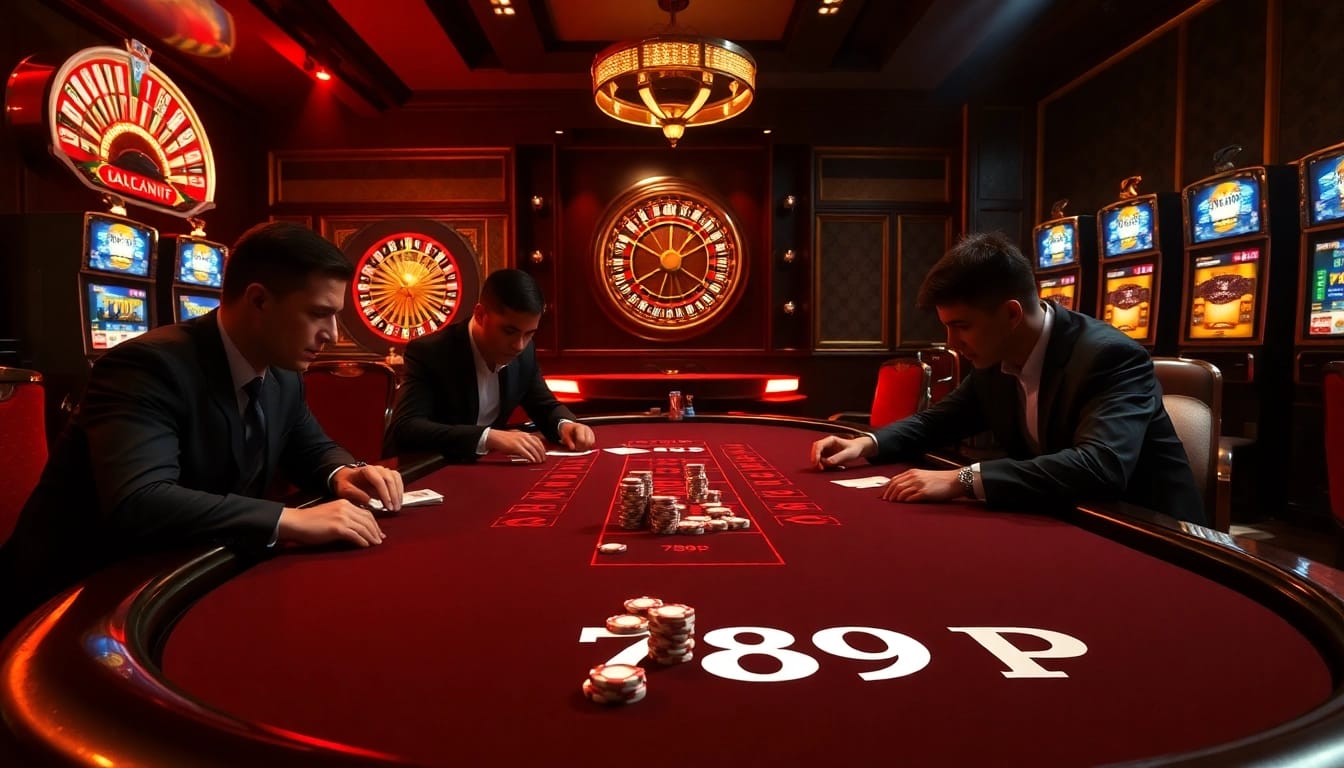 Attendees engaged in a high-stakes blackjack game at a casino featuring 789P-themed poker chips and luxurious decor.